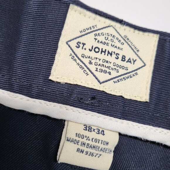 St Johns Bay Pants Worry Free 38 X 34 Classic Fit Chino Pleated Cotton Navy Blue - Picture 3 of 15